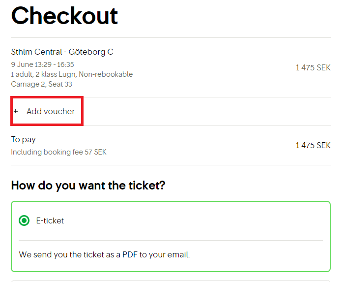 The image shows the checkout page for a train ticket from Stockholm Central to Göteborg C on 9 June, 13:29–16:35. The booking is for 1 adult, in 2nd class (Lugn), non-rebookable, Carriage 2, Seat 33. The total price is 1,475 SEK, including a 57 SEK booking fee.  There is an option to “Add voucher”, which is highlighted in red.