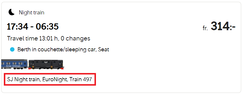 The image shows a SJ Euronight train option from 17:34 to 06:35 (travel time: 13h 1m, no changes). It includes a berth in a couchette/sleeping car. The text “SJ Night train, EuroNight, Train 497” is highlighted in red.
