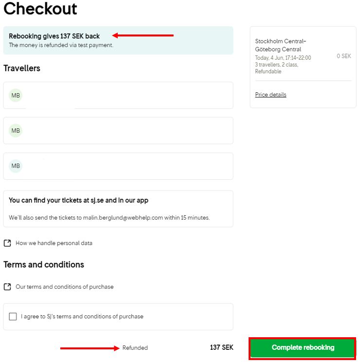 Checkout page for rebooking a train from Stockholm to Gothenburg. Shows a refund of 137 SEK, traveller details, and a green "Complete rebooking" button. Terms must be accepted before proceeding.